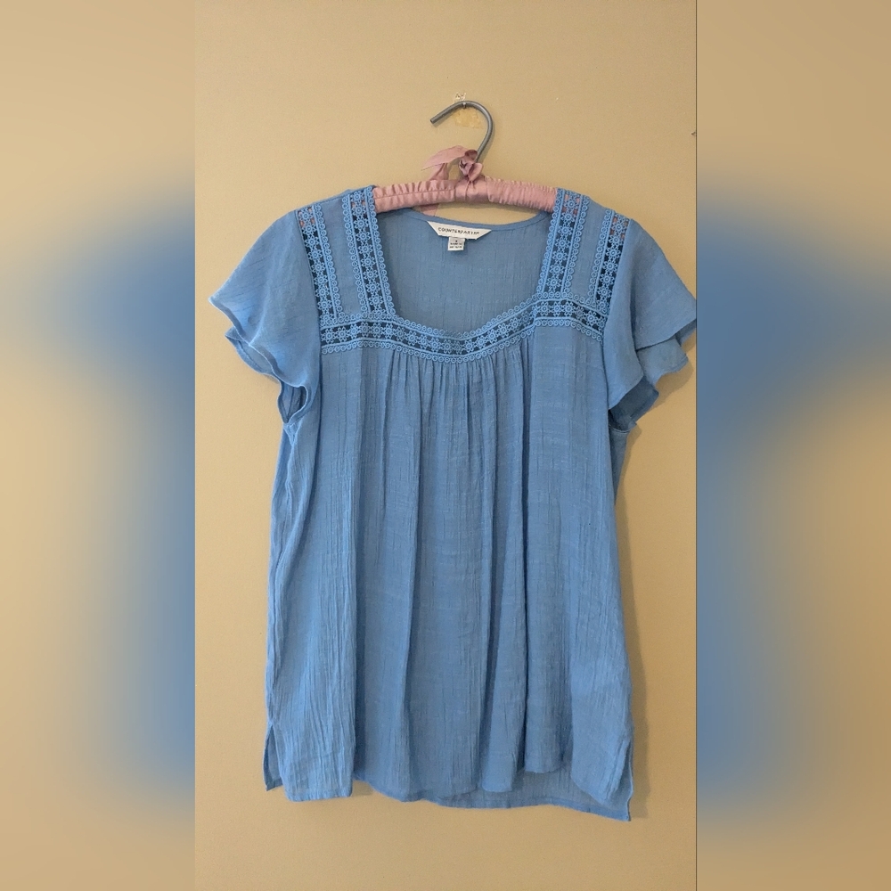 Counterparts Sky Blue Blouse with Embroidered Trim